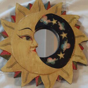 Vintage Wooden Sun and Moon Mirror